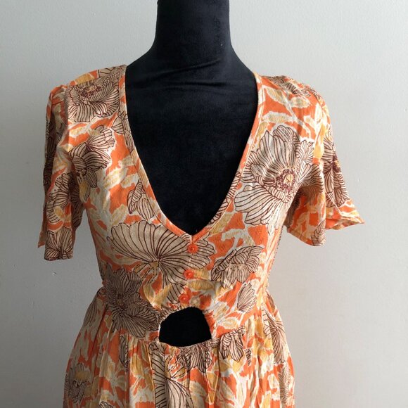 Land Of‎ The Free Floral Print Orange & Beige Maxi Dress With Cutout Size Small - Picture 5 of 9